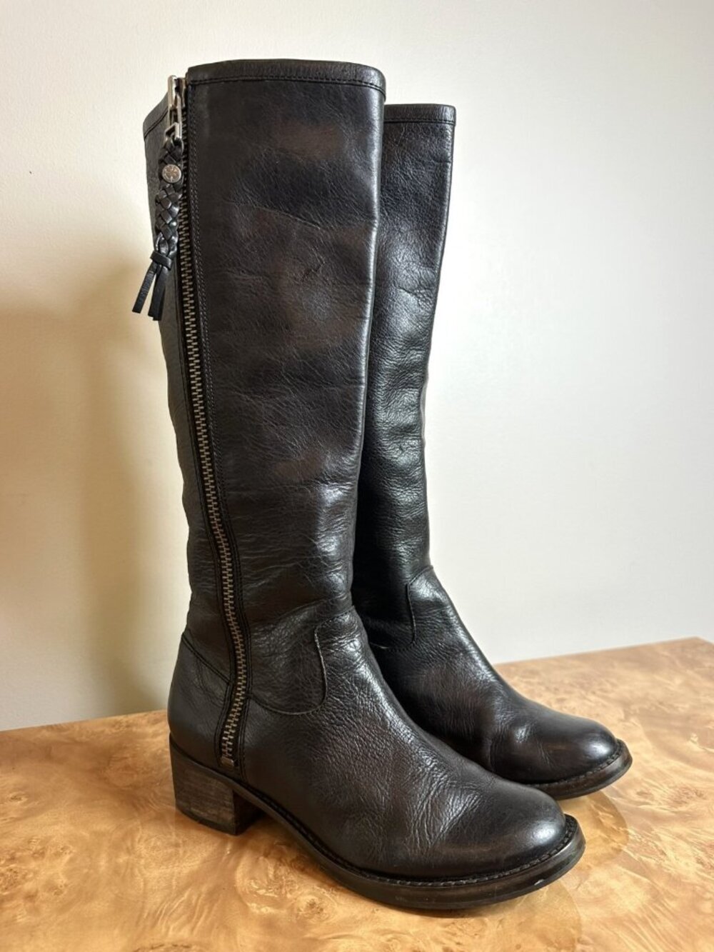 Lucky Brand Black Leather Knee High Boots Braided Zip Pull Block Heel Women's 6